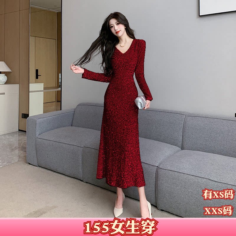 加小码女装秋装XXS号150cm矮个子显高女V领长袖包臀连衣裙礼服裙