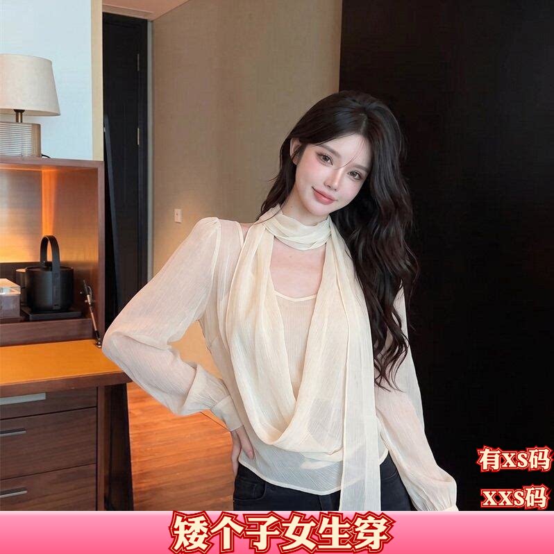 150cm显高加小码XXS秋装女装小个子假两件飘带衬衫不规则飘带上衣