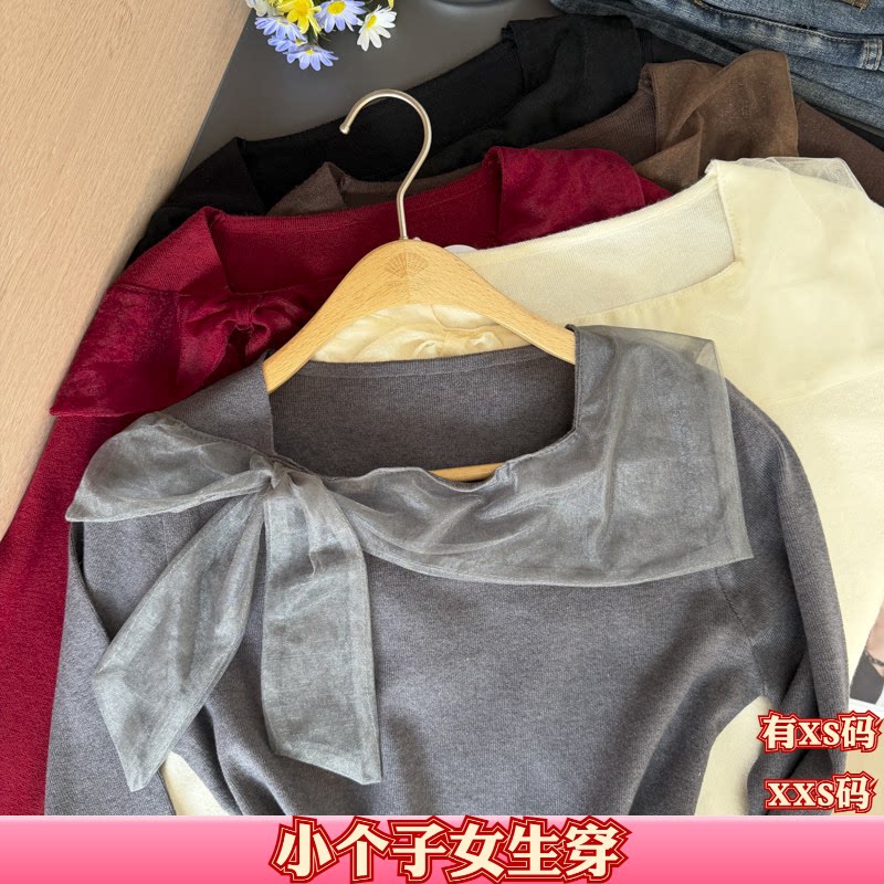 女装秋装150cm显高加小码矮个子XXS方领蝴蝶结长袖针织衫毛衣纯色