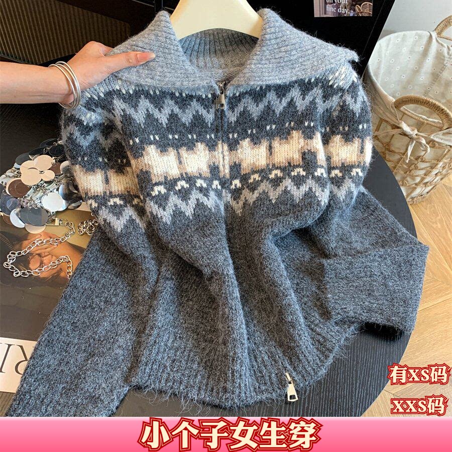 秋装女装150cm显高矮个子加小码XXS提花针织开衫毛衣上衣慵懒外套