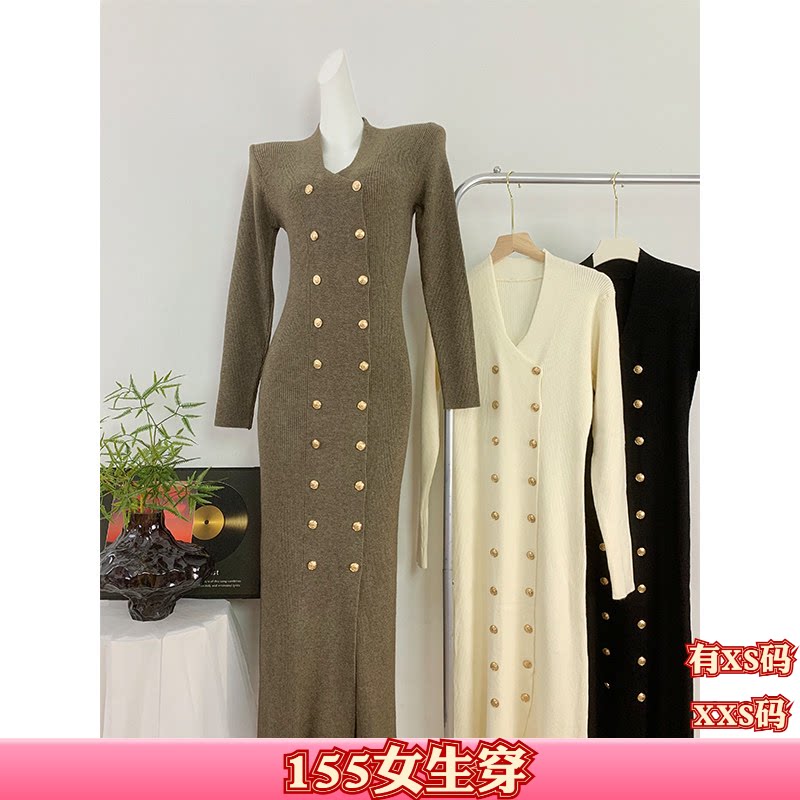 150cm女装秋装显高加小码XXS矮个子双排扣针织连衣裙女时尚裙百搭