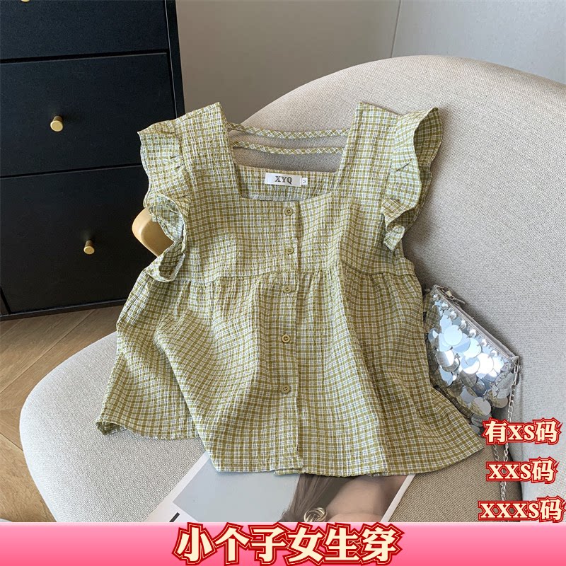 女装小矮个子155cm夏装XXXS加小码显高格子衬衫短袖短款正肩飞袖