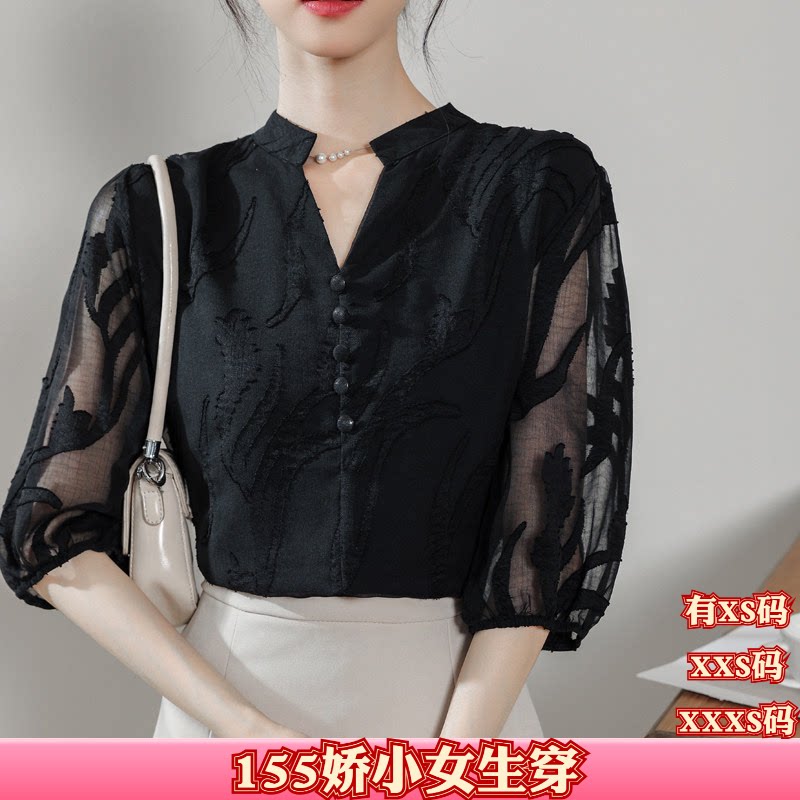 加小码XXS夏装女装显高小个子150cm短袖雪纺衫2026蕾丝衬衫上衣