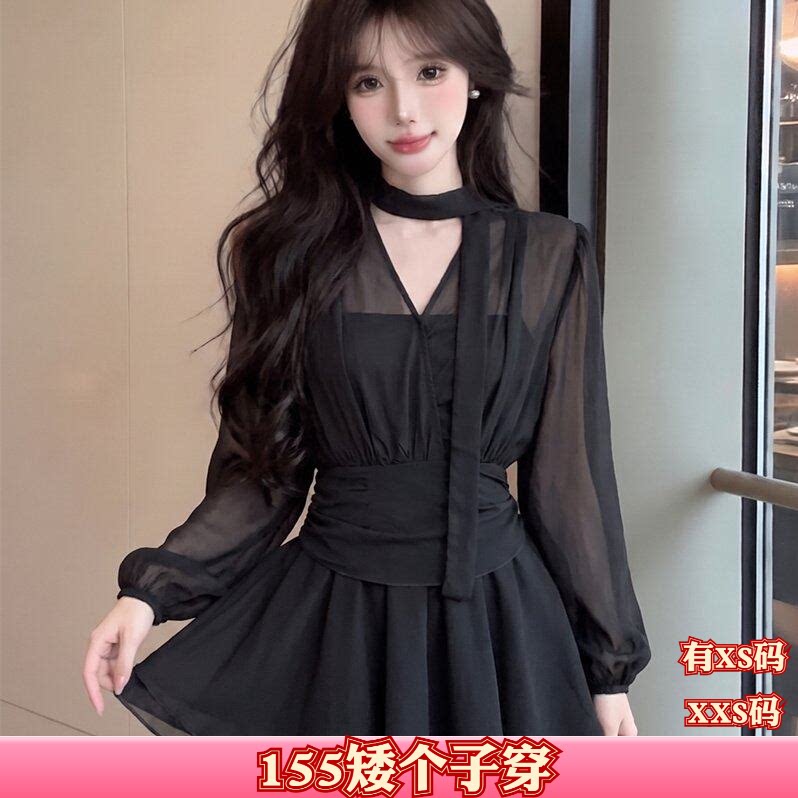 秋装加小码XXS矮个子150cm显高女装飘带V领连衣裙女高腰雪纺a字裙