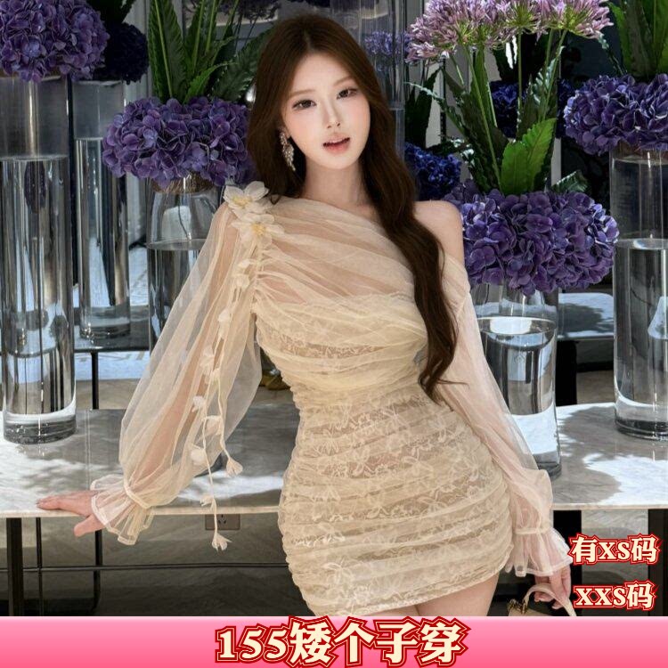 加小码150cm矮个子XXS显高女装秋装一字肩连衣裙女纯欲网纱长袖裙