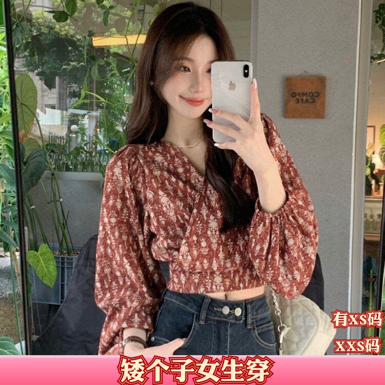加小码XXS150cm显高秋装女装小个子碎花V领长袖衬衫女打底衫绑带