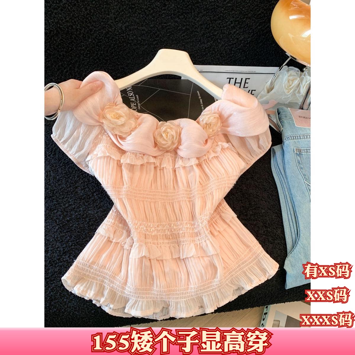 女装夏装小个子150cm显高加小码XXXS一字肩雪纺衫女衬衣纯欲露肩