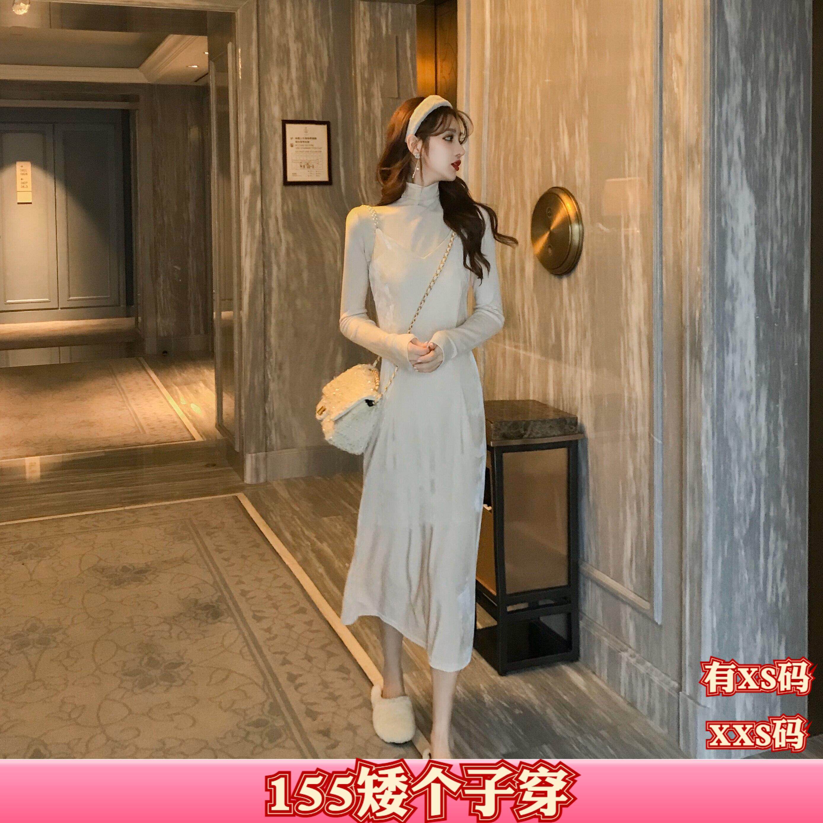 秋装150cm女装XXS加小码矮个子显高V领丝绒吊带打底连衣裙时尚裙