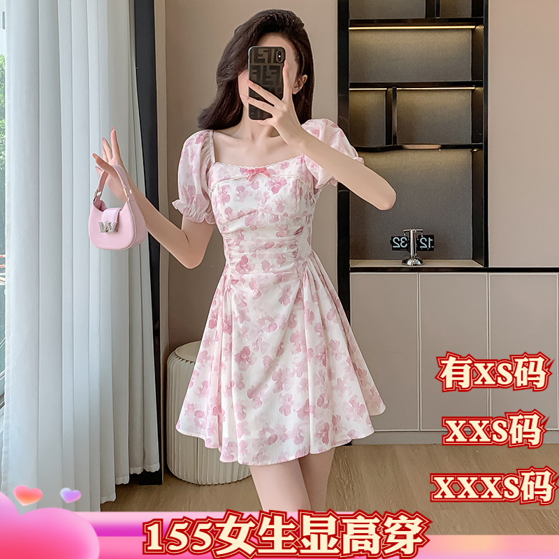 春季矮个子XXXS女装150cm小个子显高2026方领碎花裙雪纺连衣裙女
