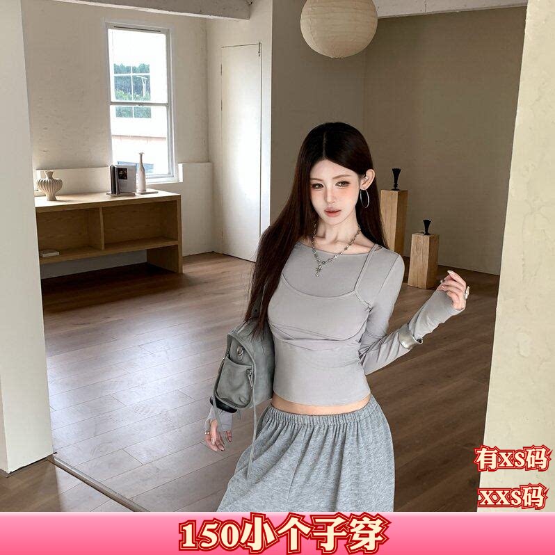 矮个子女装秋装加小码XXS150cm新款拼接假两件不规则长袖T恤上衣