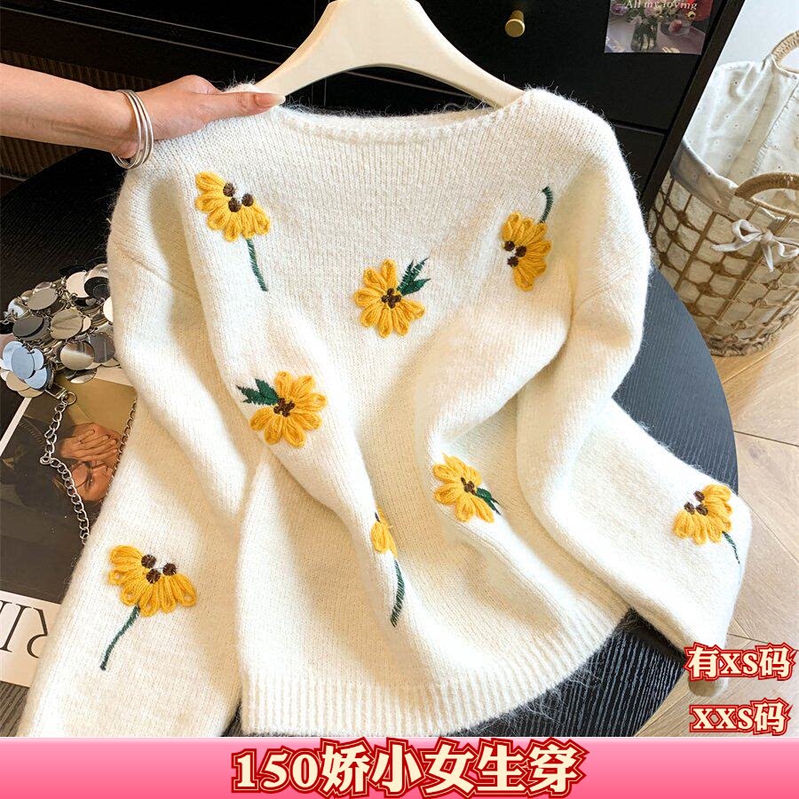 秋装女装150cm显高加小码XXS小个子刺绣毛衣针织衫打底衫长袖上衣