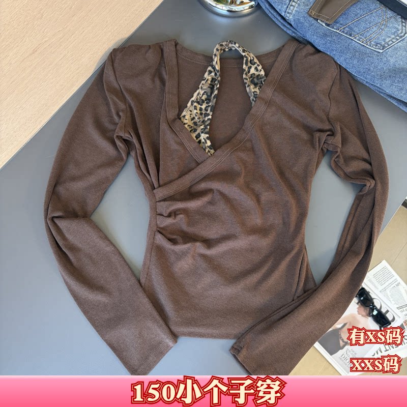 加小码XXS小个子秋装女装150cm新款挂脖V领长袖假两件收腰打底衫