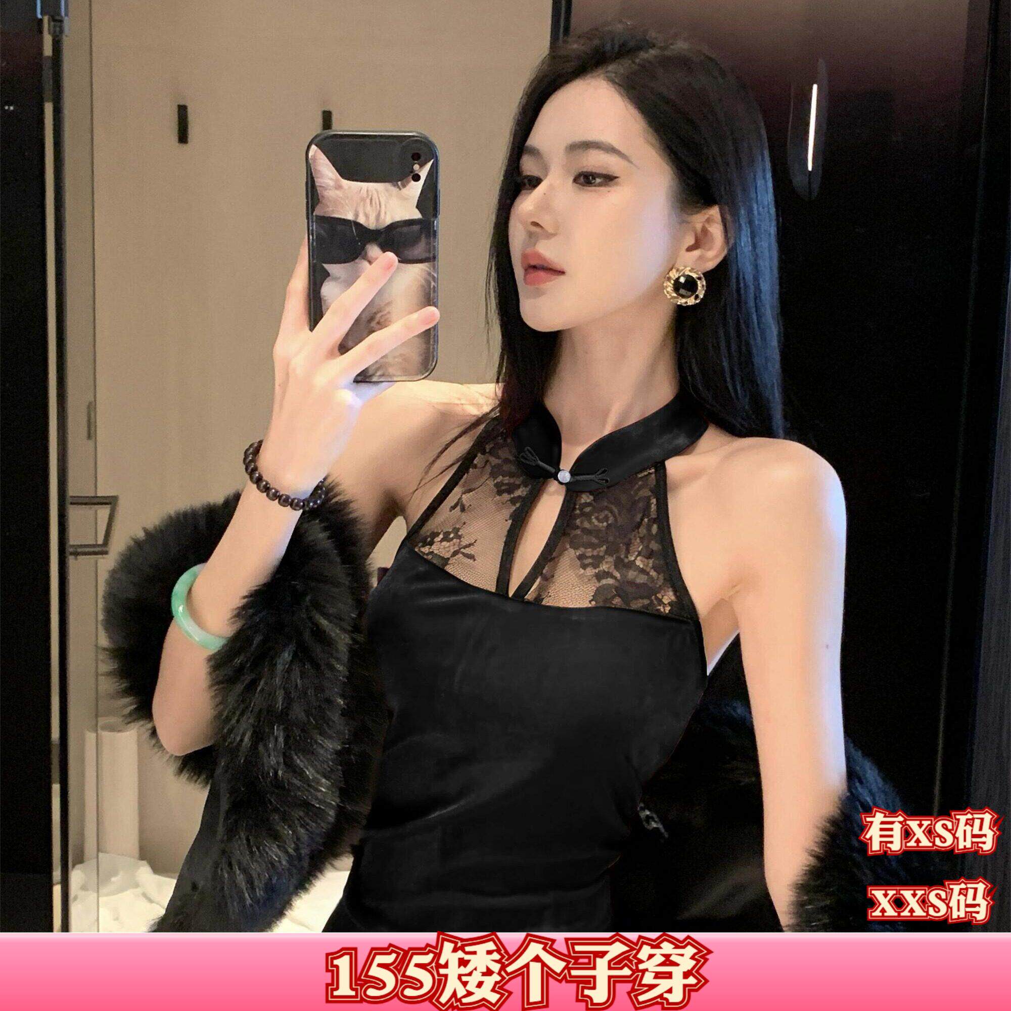 秋装加小码女装150cm显高XXS矮个子旗袍无袖丝绒拼接蕾丝连衣裙女