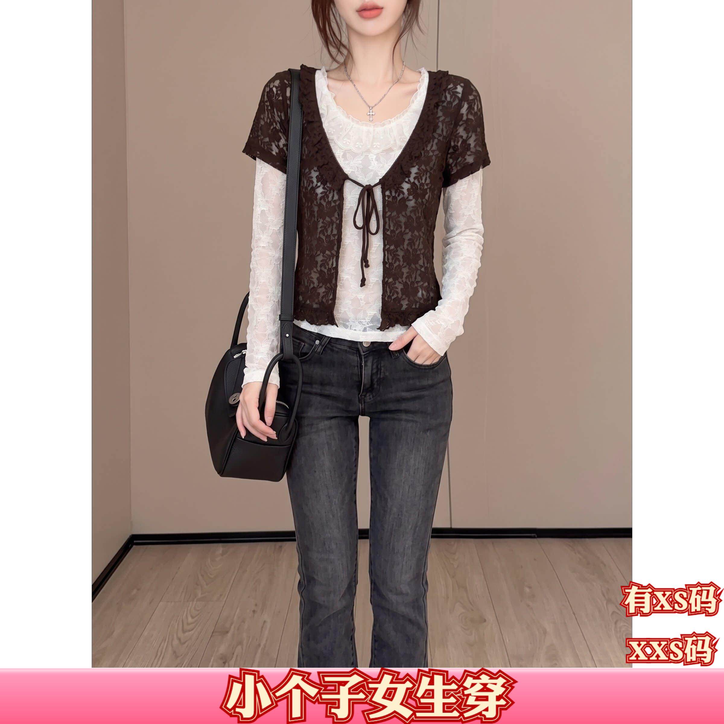 秋装女装加小码XXS小个子150cm显高两件套蕾丝花边衬衫女小衫上衣