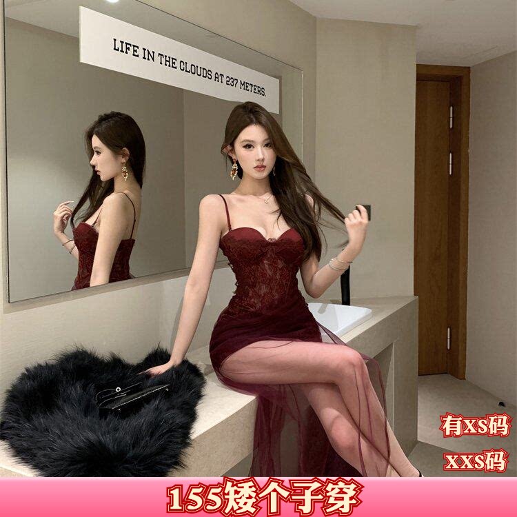 秋装150cm女装XXS加小码矮个子显高辣妹蕾丝拼接网纱吊带连衣裙女
