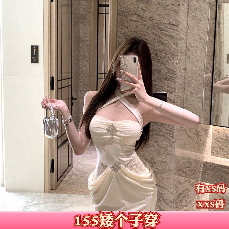 秋装150cm女装XXS加小码矮个子显高辣妹挂脖蕾丝拼接包臀连衣裙女