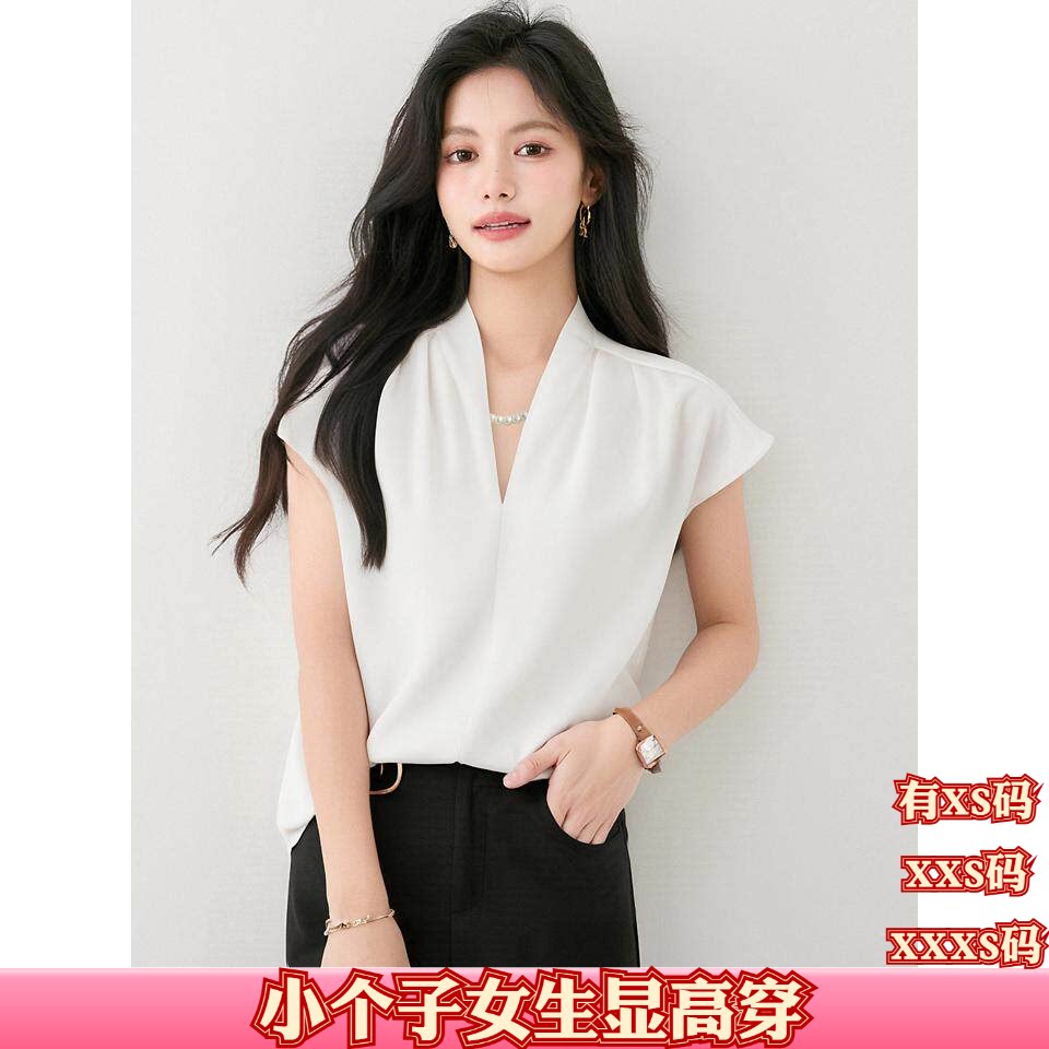 小个子加小码女装夏季150cm显高XXS号V领缎面短袖衬衫衬衣打底衫
