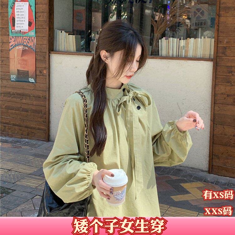 150cm新款加小码XXS秋装女装小个子立领斜扣衬衫长袖衬衣打底衫女