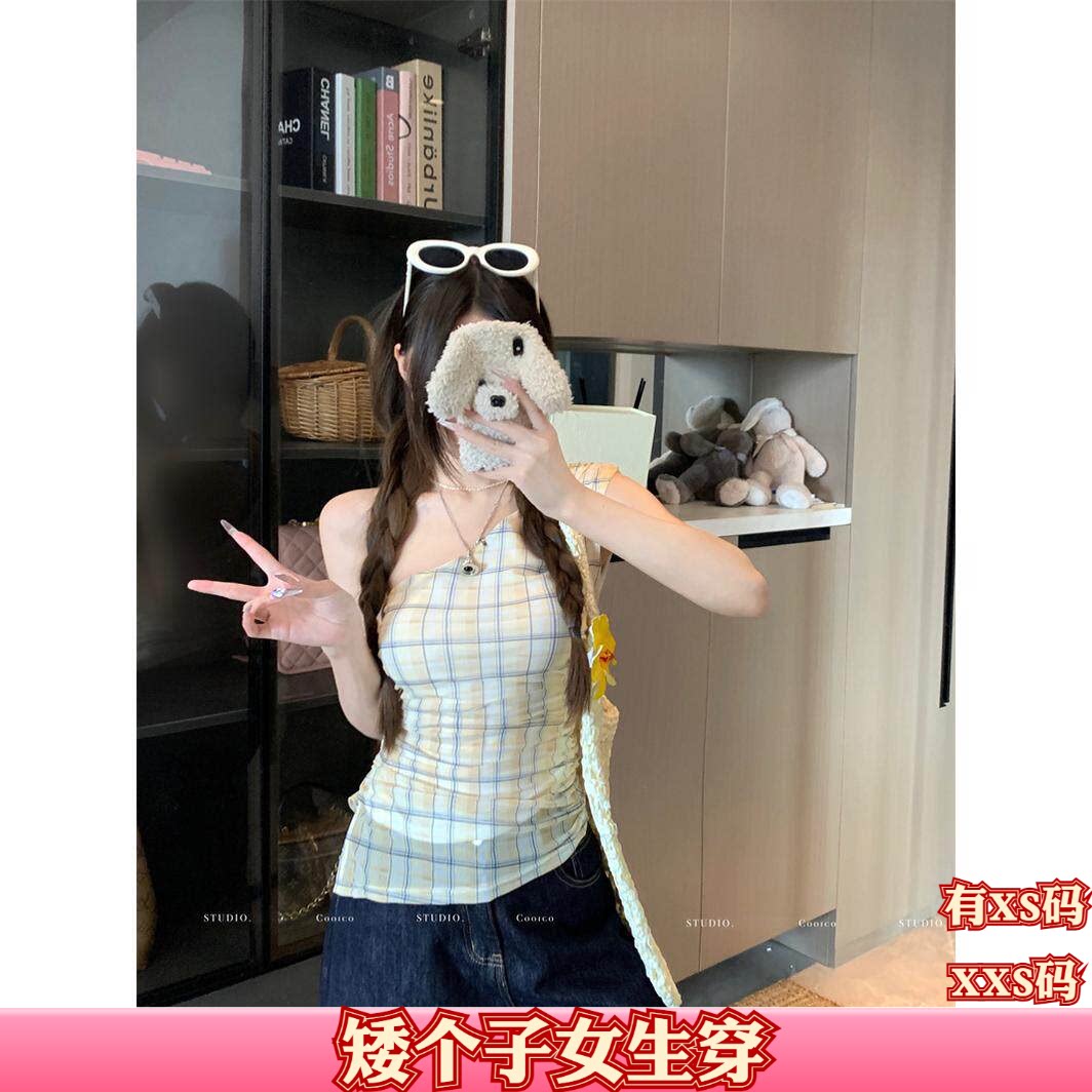 小矮个子夏装女装加小码XXS号150cm条纹格子斜肩短款背心打底衫