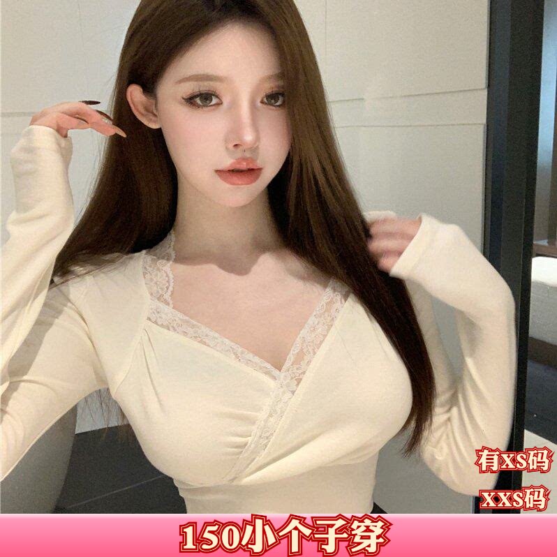秋装加小码女装150cm小个子XXS显高辣妹蕾丝拼接V领长袖打底T恤衫