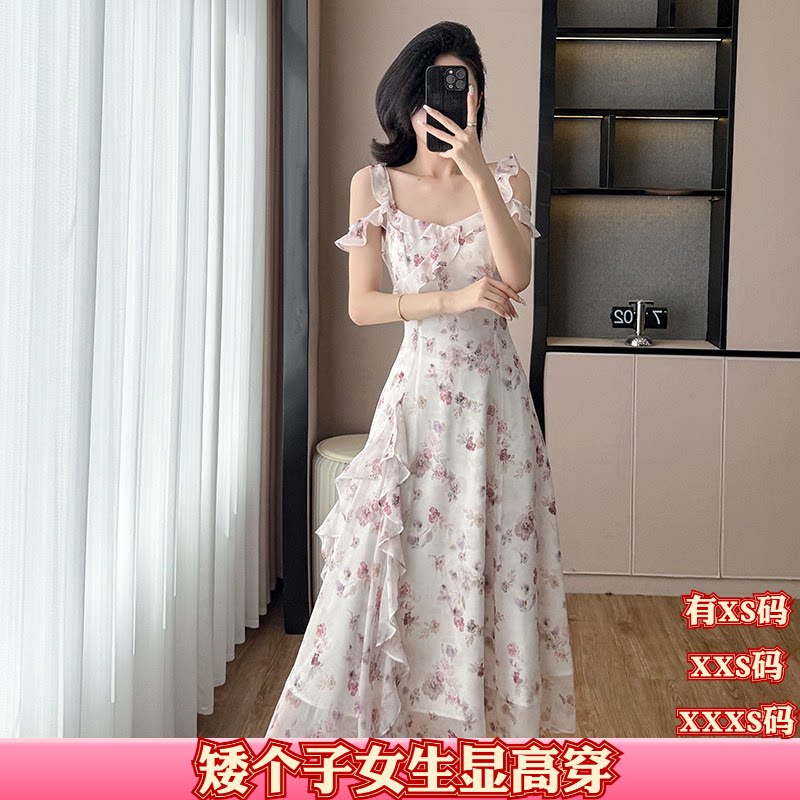 小个子夏装加小码女装XXS150cm显高不规则露肩碎花裙连衣裙雪纺
