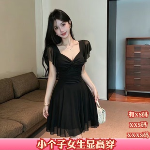 夏季小个子XXXS矮个子155cm150女装V领网纱连衣裙纯欲高腰大摆裙