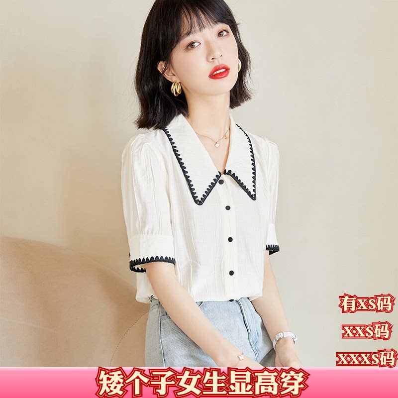 加小码XXXS女装夏季150cm显高矮个子娃娃领雪纺衬衫短袖短袖衬衣