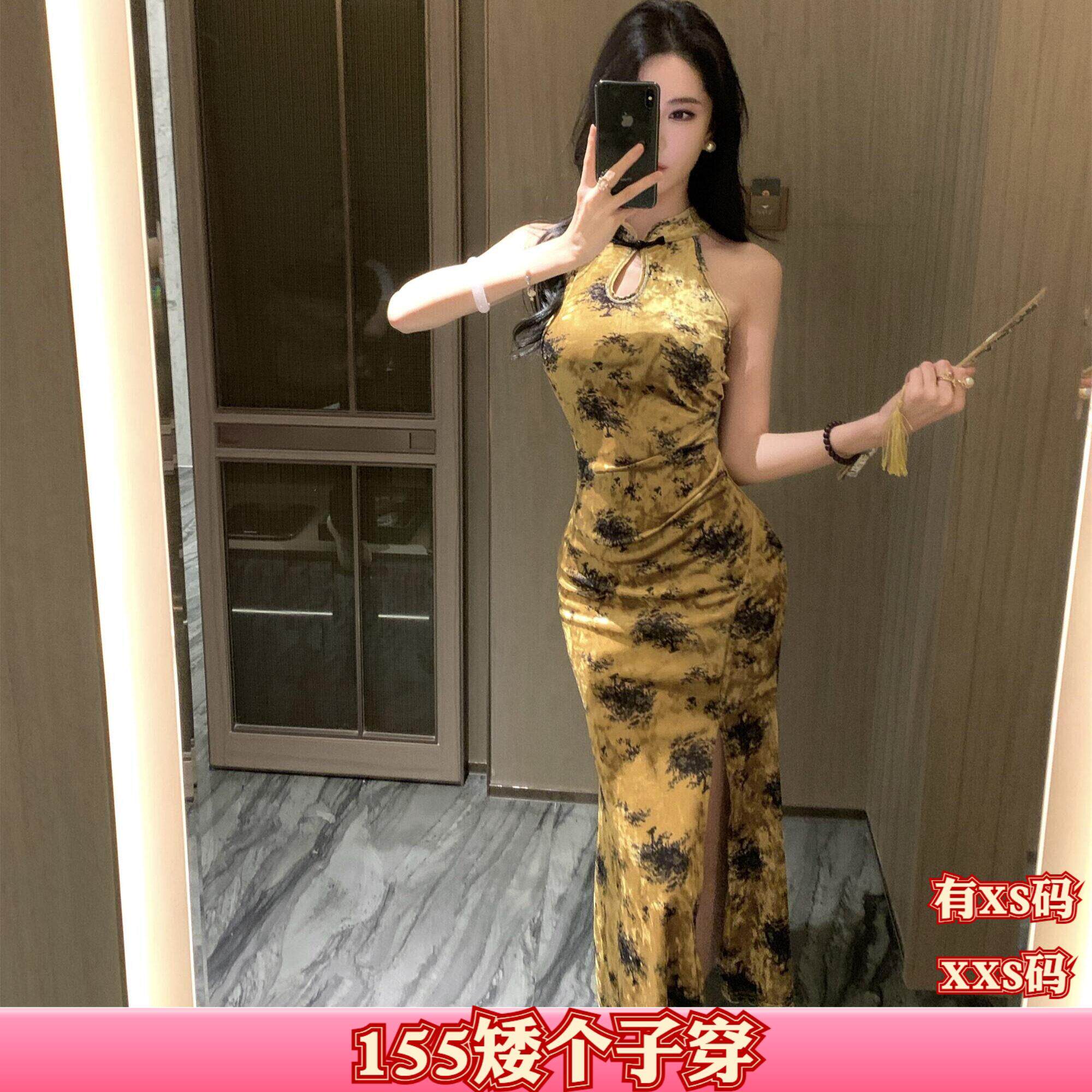 小个子秋装加小码女装XXS150cm显高旗袍丝绒印花无袖大摆连衣裙女