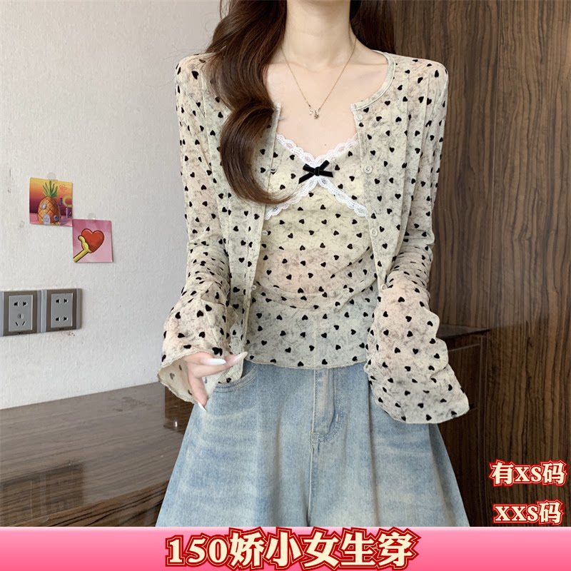秋装女装矮个子150cmXXS加小码显高纯欲网纱两件套镂空长袖打底衫