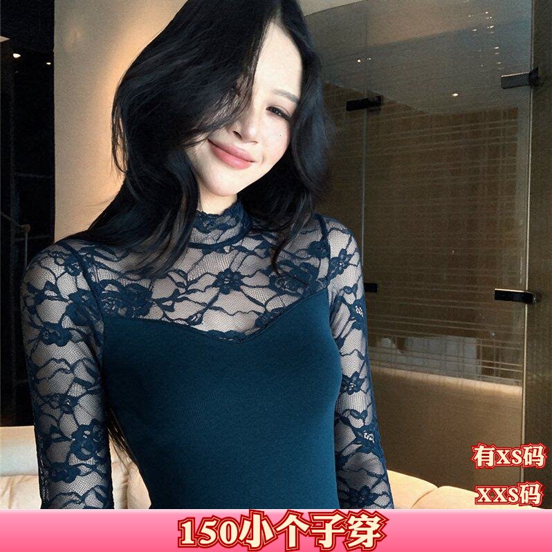 150cm显高小个子秋装加小码女装XXS立领蕾丝拼接镂空T恤收腰上衣