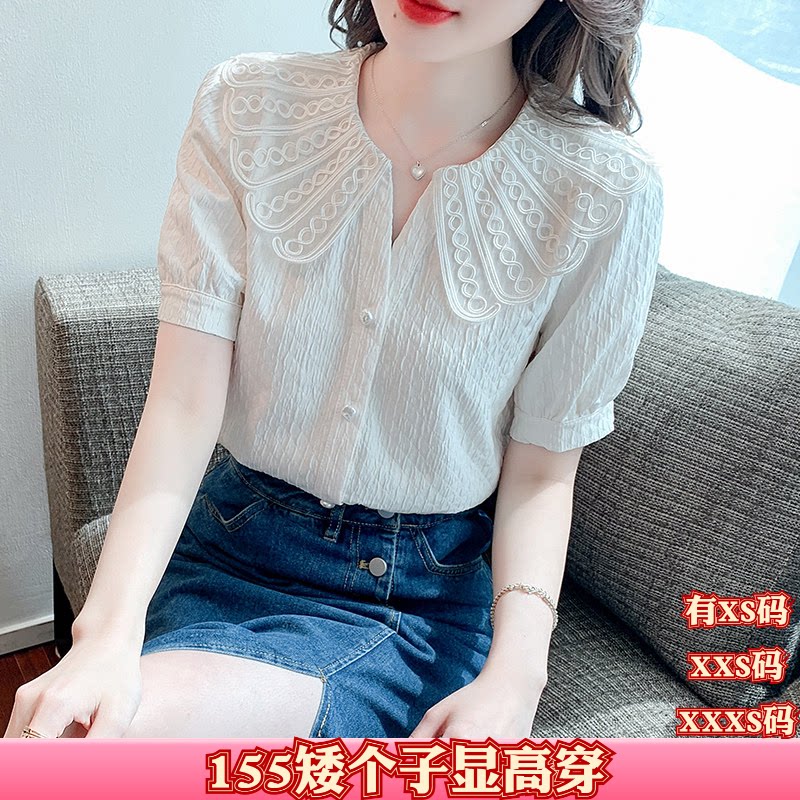 女装夏装150cm显高矮个子XXXS加小码娃娃领短袖衬衫女碎花雪纺衫