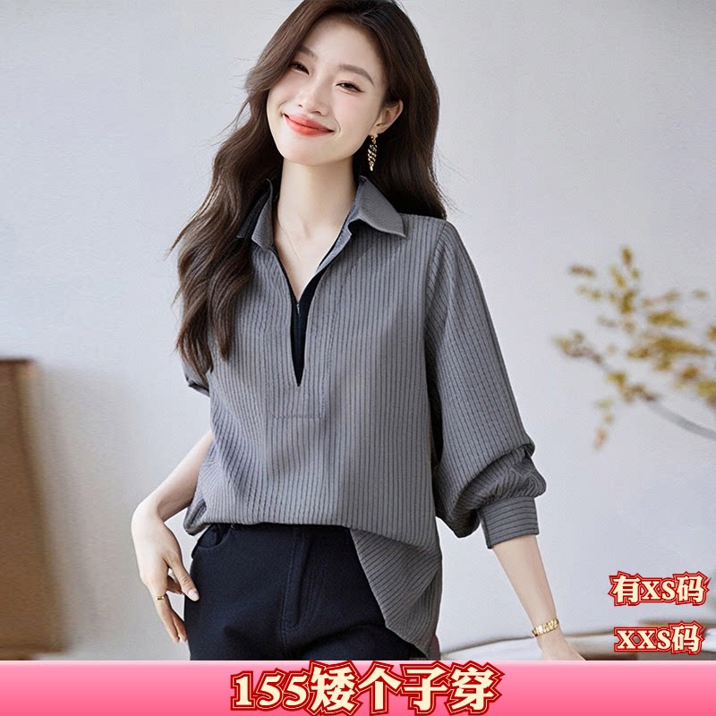 秋季女装矮个子显高150cm加小码XXS翻领雪纺衫开衫衬衫衬衣上衣
