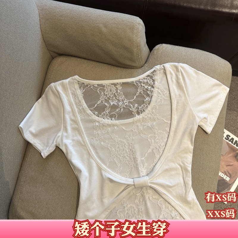 女装夏装小个子XXS150cm显高加小码蕾丝拼接镂空圆领短袖T恤上衣