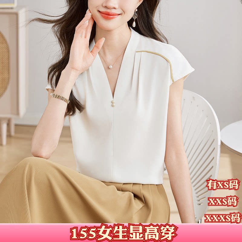 夏装150cm显高女装矮个子XXS加小码V领短袖雪纺衫别致套头直筒女