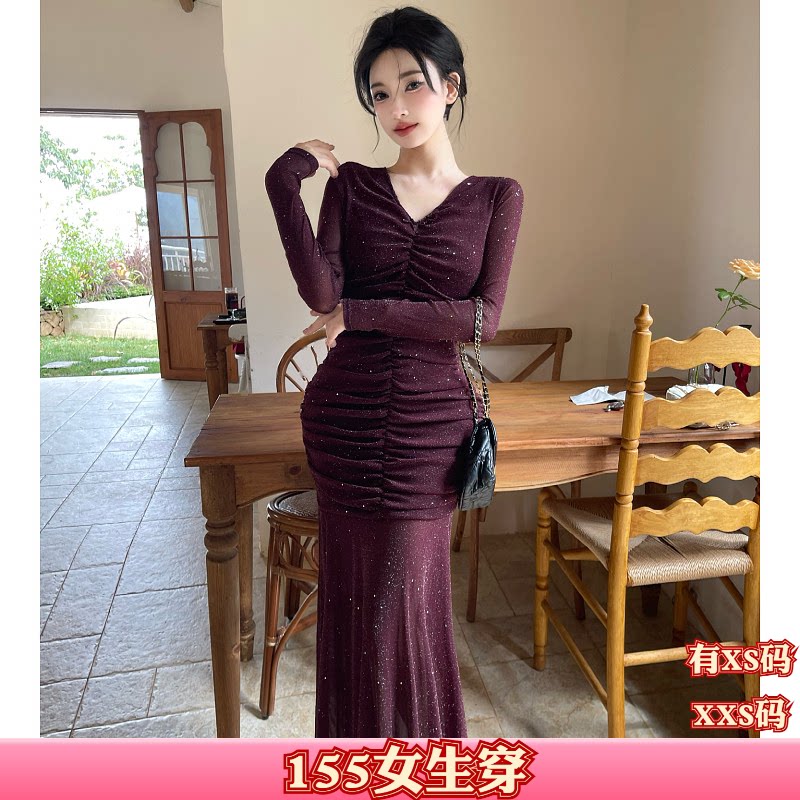 150cm女装秋装显高加小码XXS矮个子网纱V领长袖连衣裙高腰褶皱裙