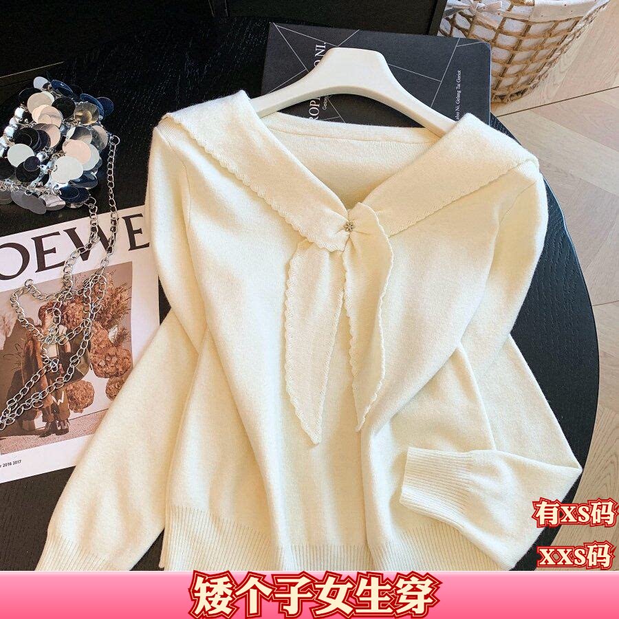 秋季155cm矮个子搭配XXS150女装花边领结针织V领长袖毛衣女打底衫