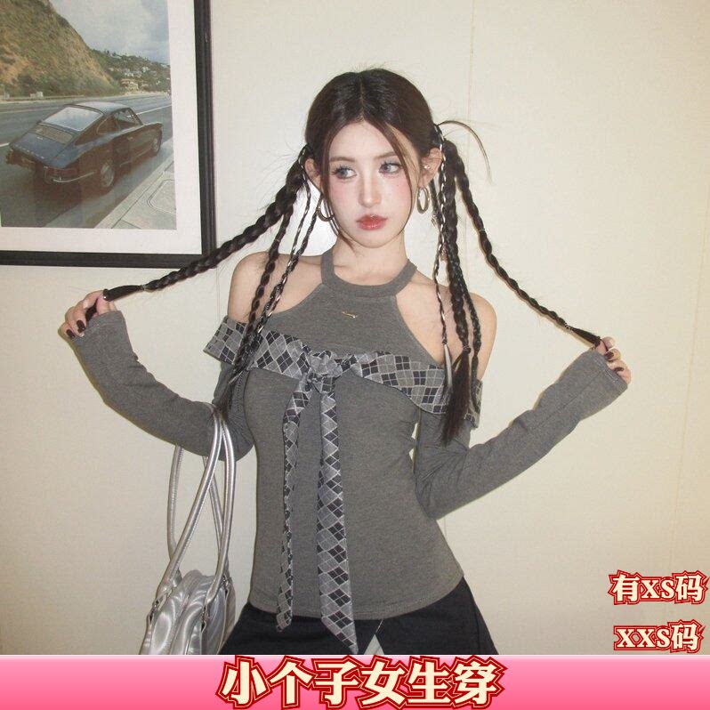 加小码XXS女装秋装矮个子150cm新款露肩拼接绑带领挂脖长袖T恤女