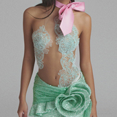 法式 镂空宴会礼服女绿色亮片立体花小众表演短裙 气质高端吊带无袖