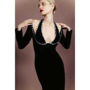 欧美气质长袖晚礼服高级感镶钻修身黑色挂脖V领宴会派对连衣裙女