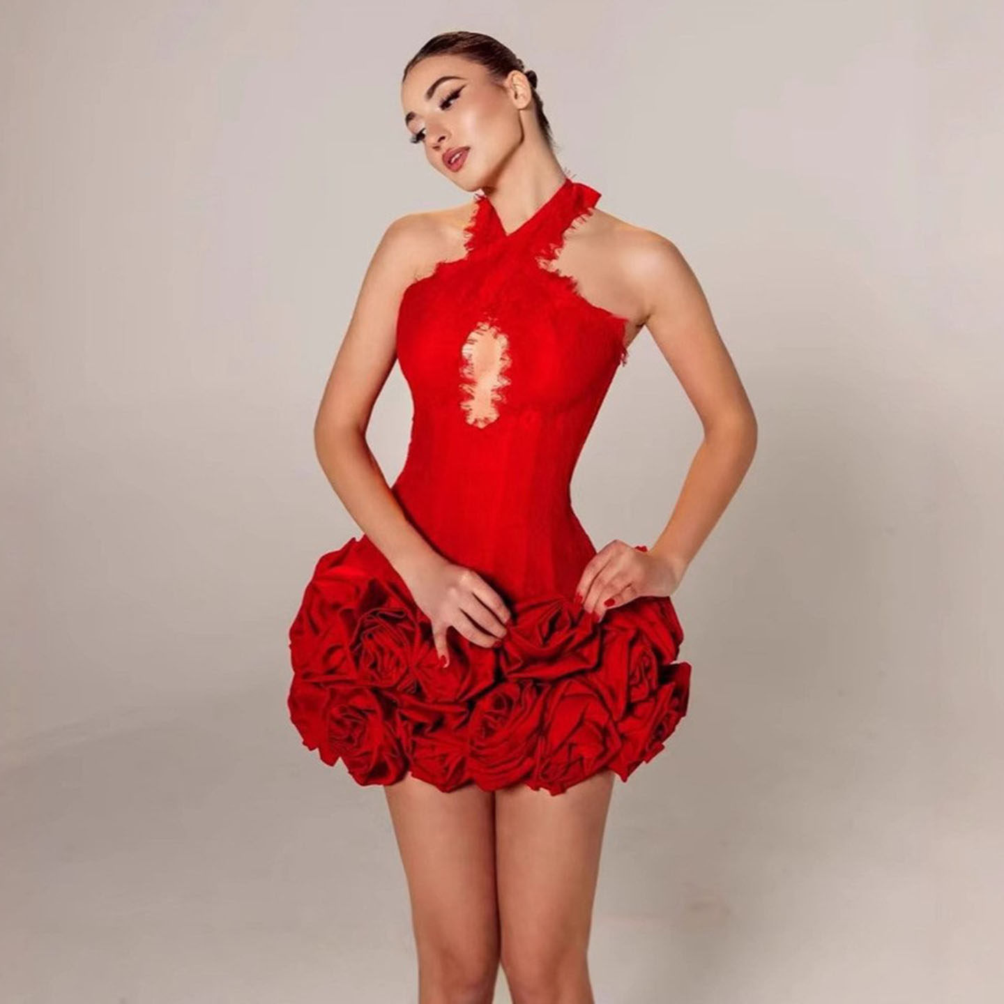 法式高级感红色立体花朵连衣裙女