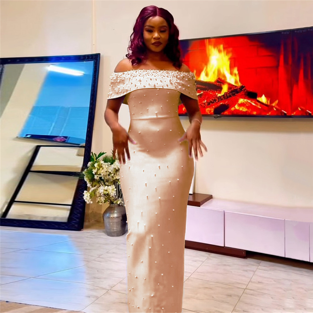 法式轻奢钉珠镶钻一字肩无袖长裙