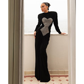 黑色拖地礼服长裙女 立领高腰修身 欧美时尚 晚宴风烫钻拼接褶皱长袖