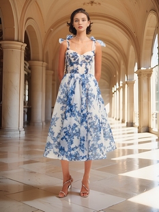 法式气质鱼骨收腰碎花飘逸吊带连衣裙子女夏海边度假生日派对礼服