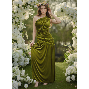 复古希腊风单肩无袖丝绒长裙女绿色扭结开叉收腰褶皱晚礼服女神裙