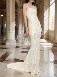 气质千金风一字肩立体绣花收腰连衣裙高级感宴会拖尾晚礼服裙子