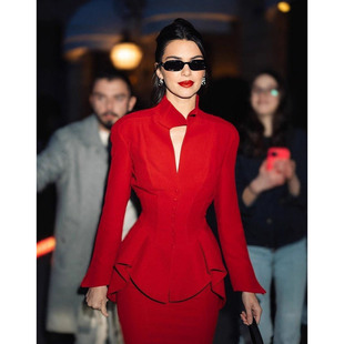 欧美红色荷叶边立领长袖+包臀裙两件套气质小众宴会礼服晚装套装