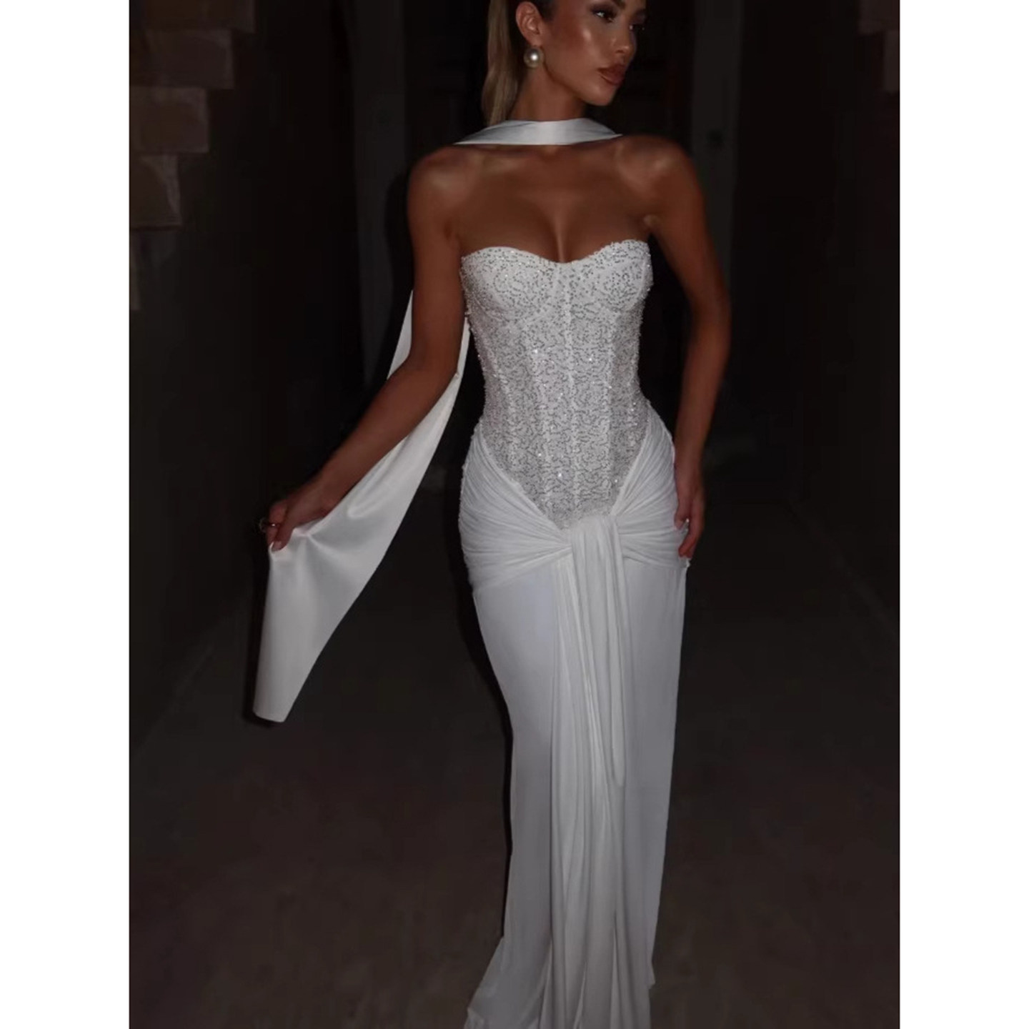 欧美性感抹胸亮片钉珠礼服飘带修身鱼尾长裙女生日派对主持人礼服