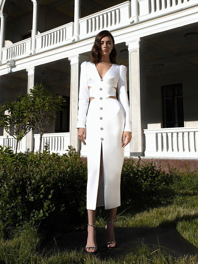 秋冬欧美新款白色法式高级感复古连衣裙女修身显瘦包臀长袖绷带裙