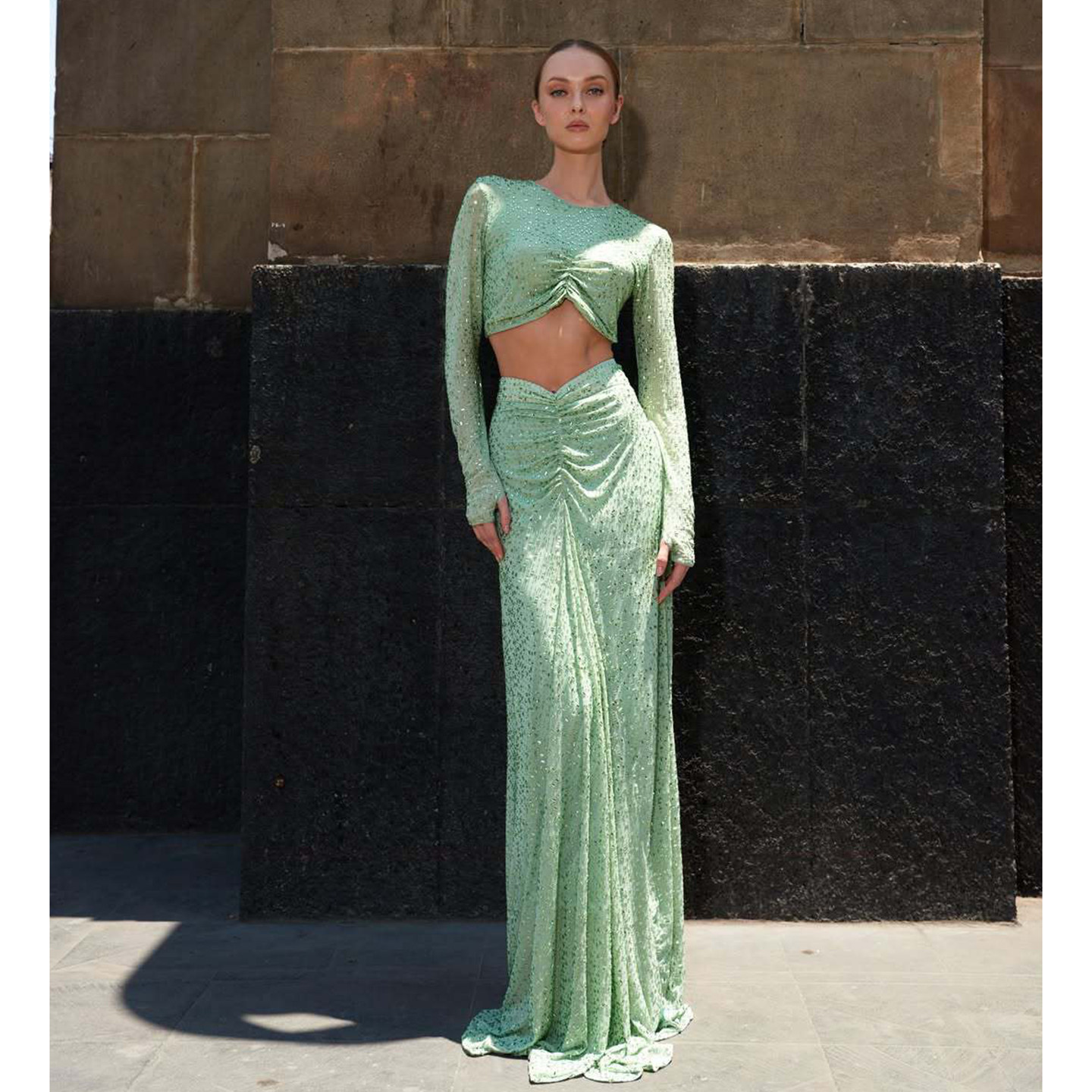欧美辣妹修身露脐晚礼服两件套女