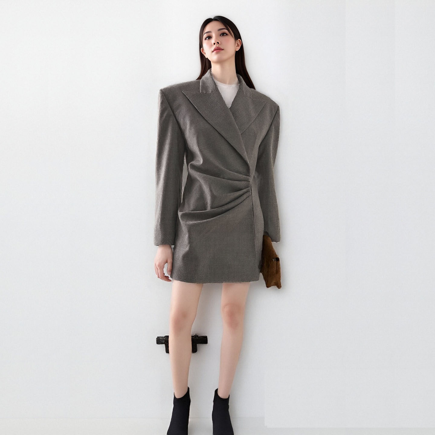 欧美通勤灰色收腰西装中裙礼服女